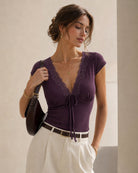 Purple V Neck Tie Lace Tee - RIHOAS - 01
