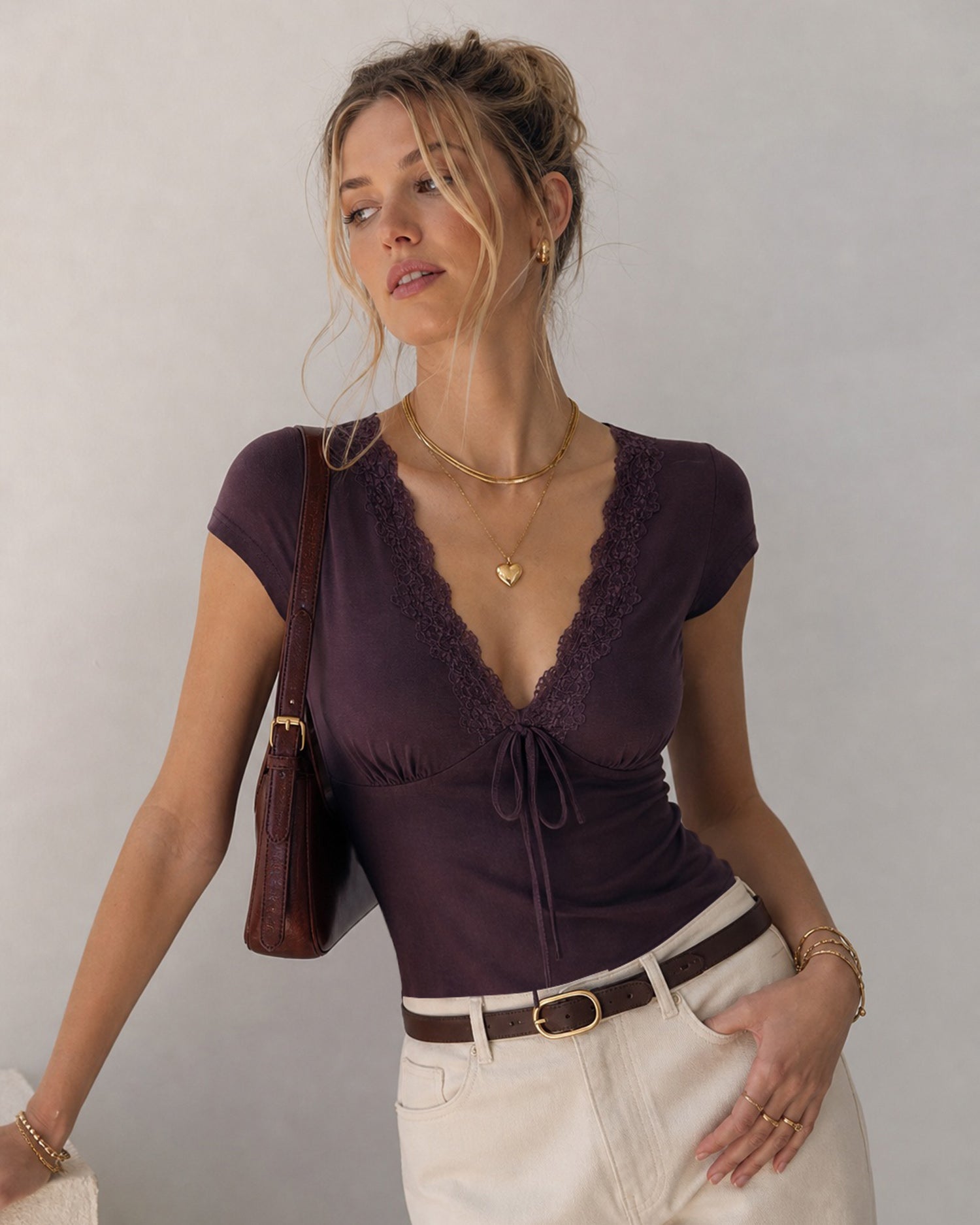 Purple V Neck Tie Lace Tee - RIHOAS - 02