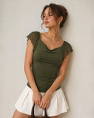 Green Cowl Neck Ruched Mesh Tee Green - RIHOAS