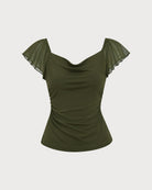 Green Cowl Neck Ruched Mesh Tee - RIHOAS - 02