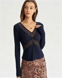 Women's Knitted Polyester Top Blue Tops - RIHOAS