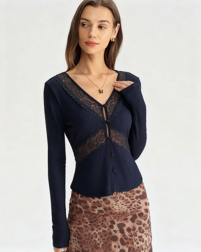 Women's Knitted Polyester Top Blue Tops - RIHOAS
