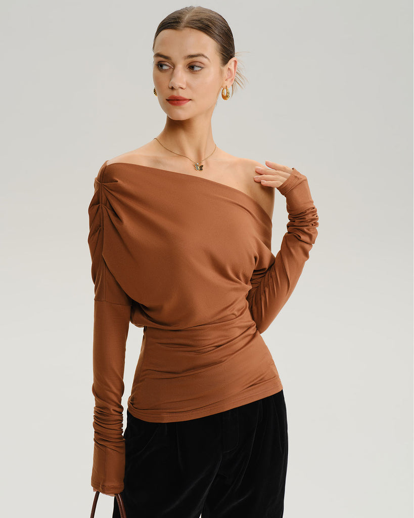 Women's Knitted Polyester Top Brown Tops - RIHOAS
