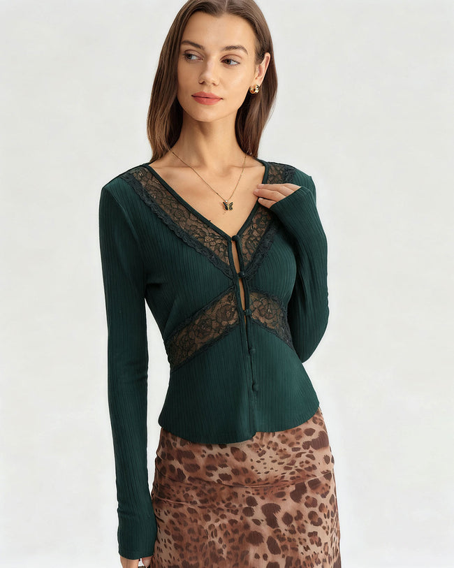 Women's Knitted Polyester Top Green Tops - RIHOAS