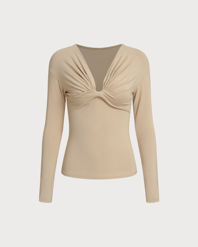 Women's Knitted Polyester Top Khaki Tops - RIHOAS