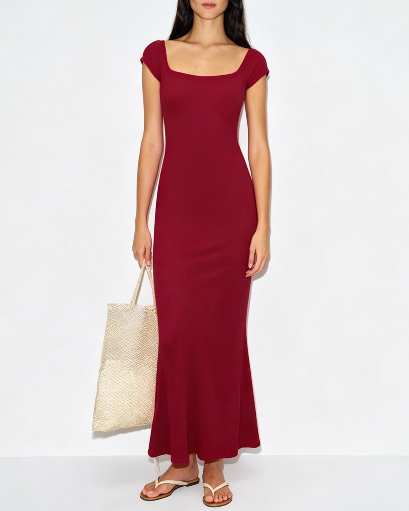 Women's Knitted Rayon Maxi Dress Red Dresses - RIHOAS