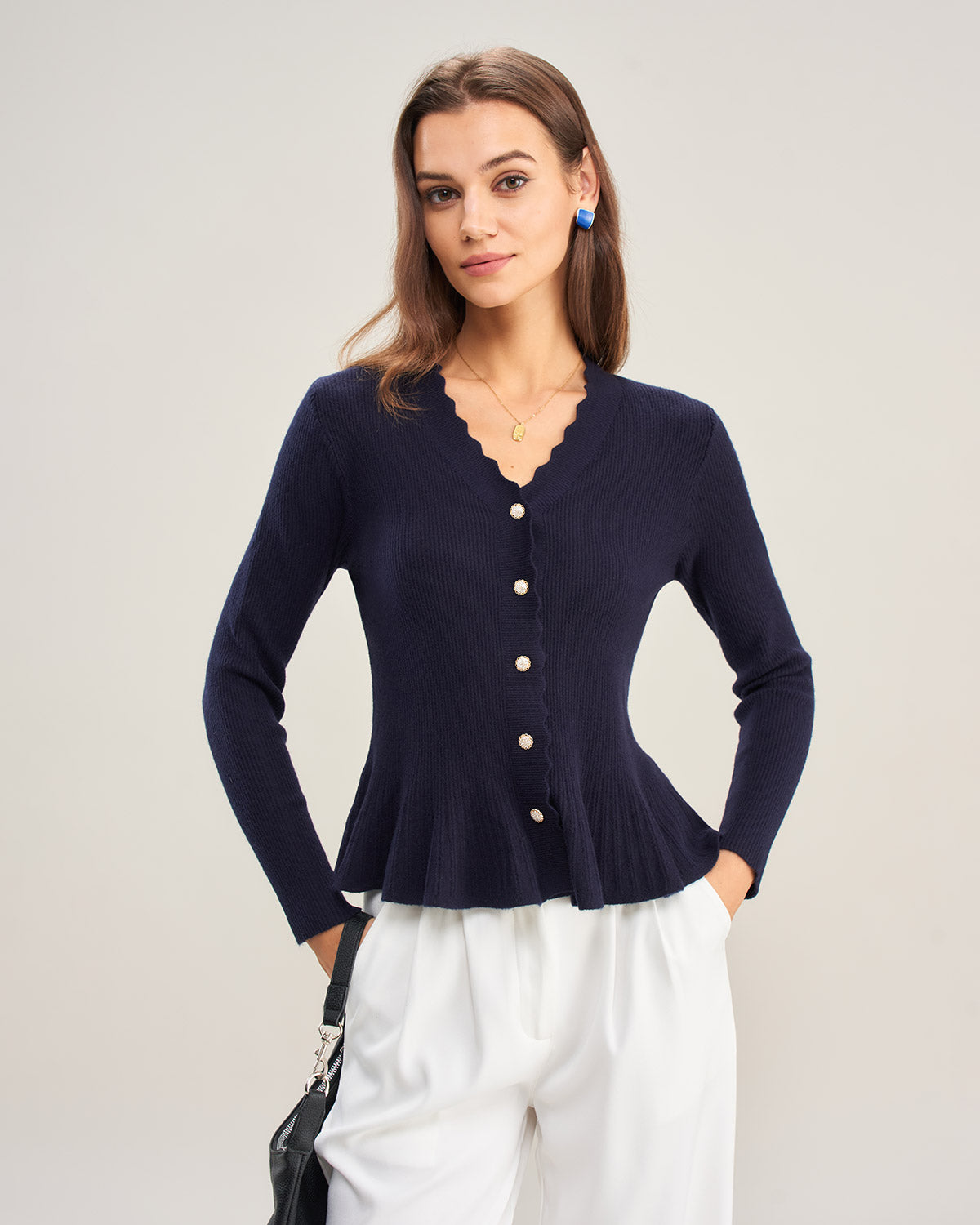 Women's Knitted Viscose Cardigan Navy Tops - RIHOAS