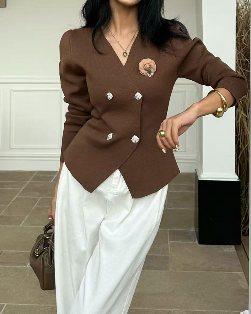 Women's Knitted Viscose Cardigan Sweater Coffee Tops - RIHOAS