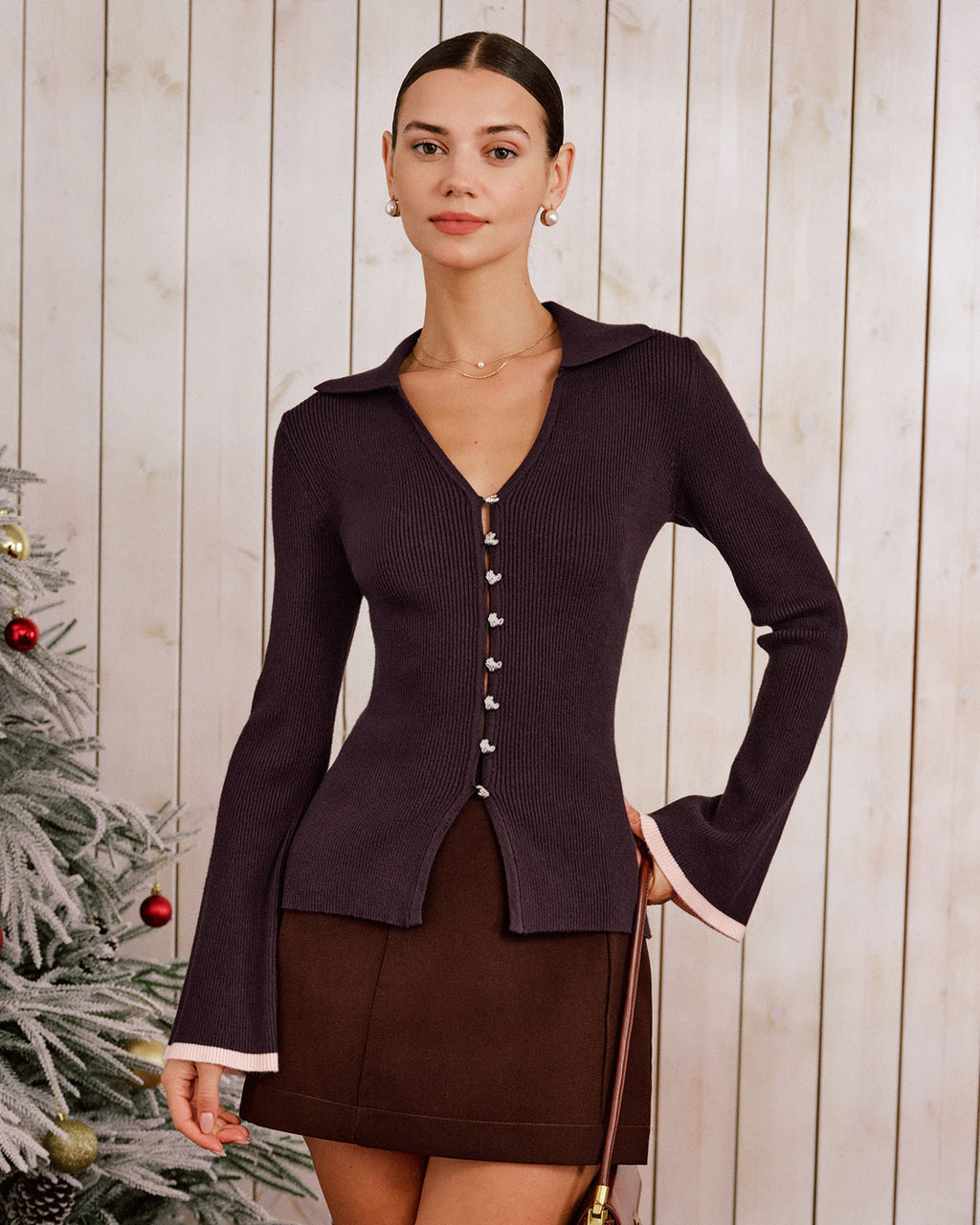 Women's Knitted Viscose Knits Cardigans Purple Tops - RIHOAS