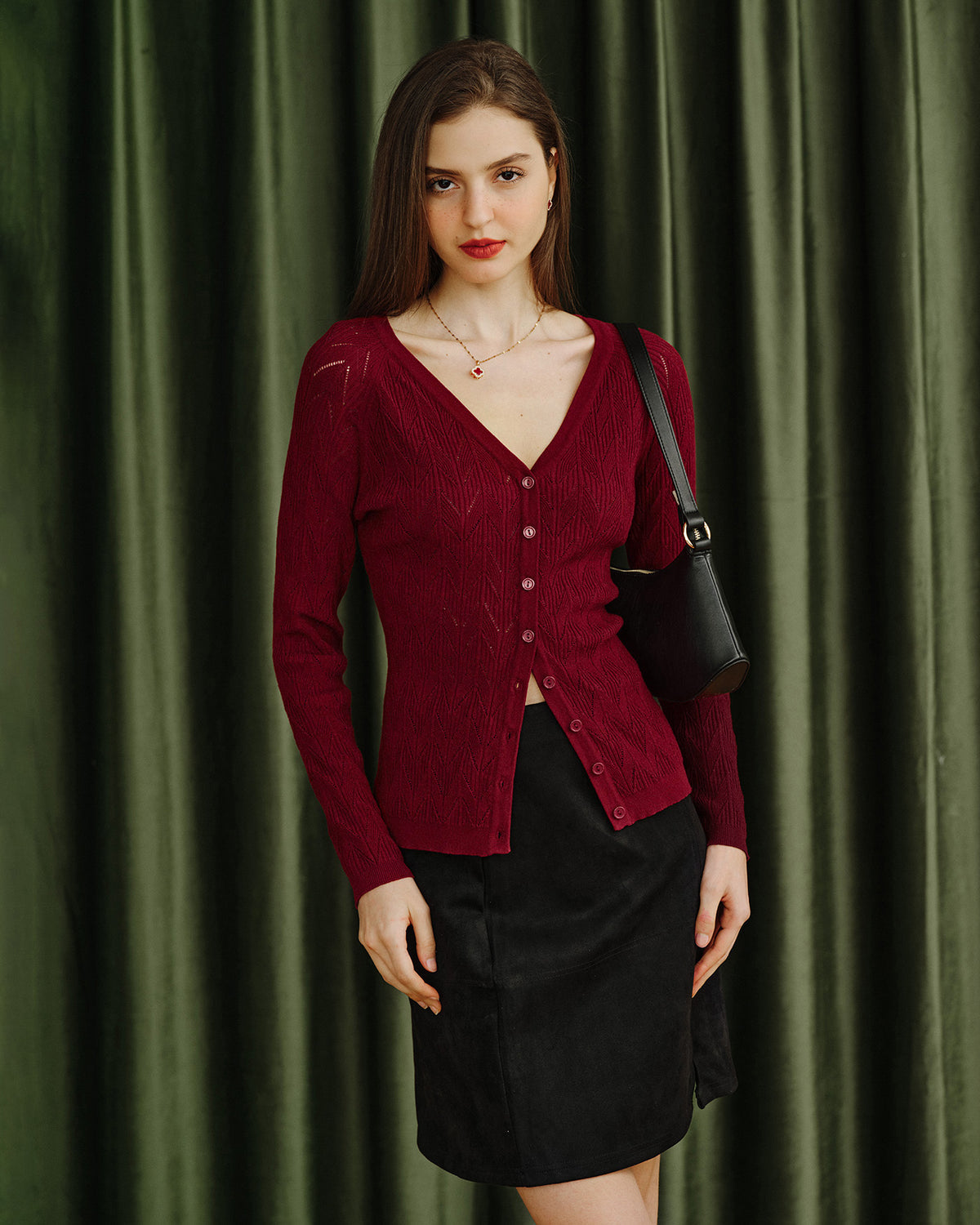 Women's Knitted Viscose Knits Cardigans Wine Red Tops - RIHOAS
