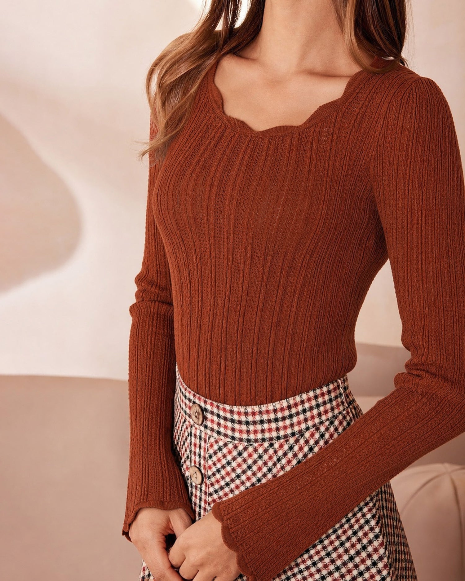 Brown Long Sleeve Textured Knit Sweater 02