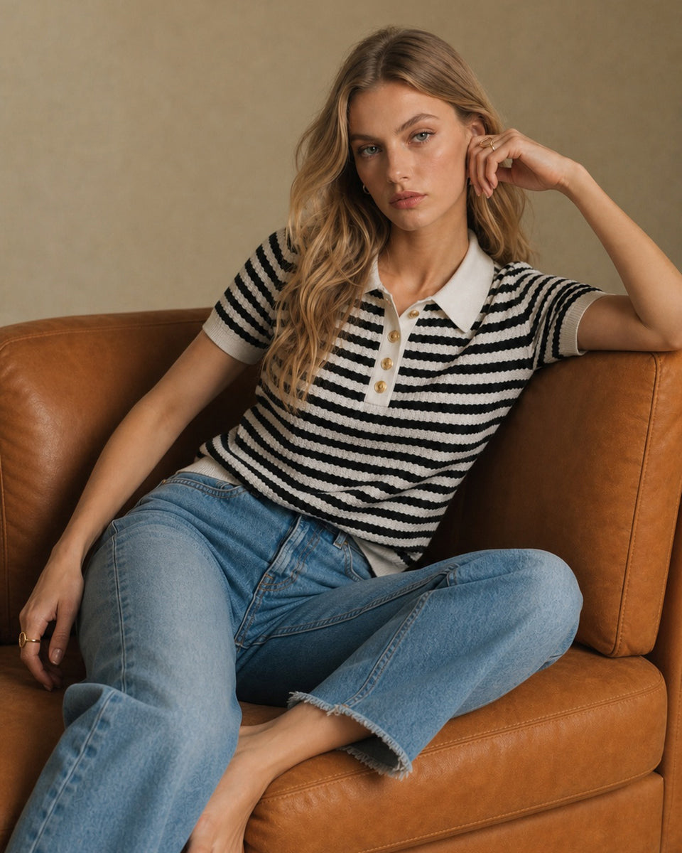 Black collar striped button knit cardigan for polished casual outfits