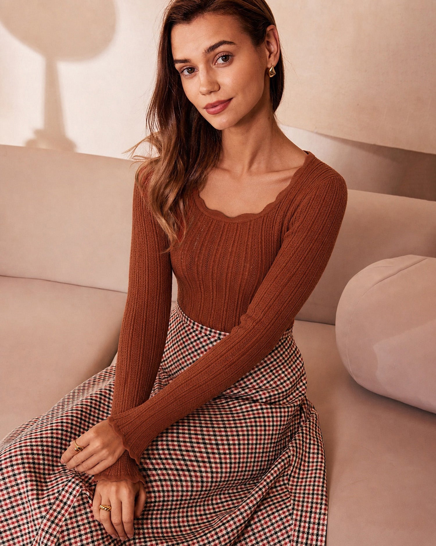 Brown Long Sleeve Textured Knit Sweater 04