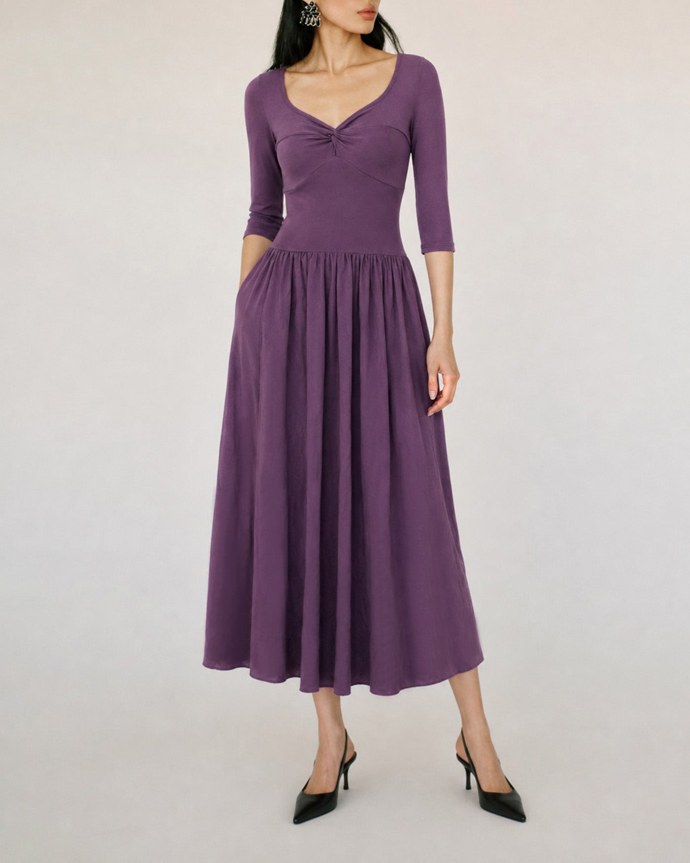 Purple V Neck Ruched A-Line Maxi Dress Purple V Neck Ruched A-Line Maxi Dress