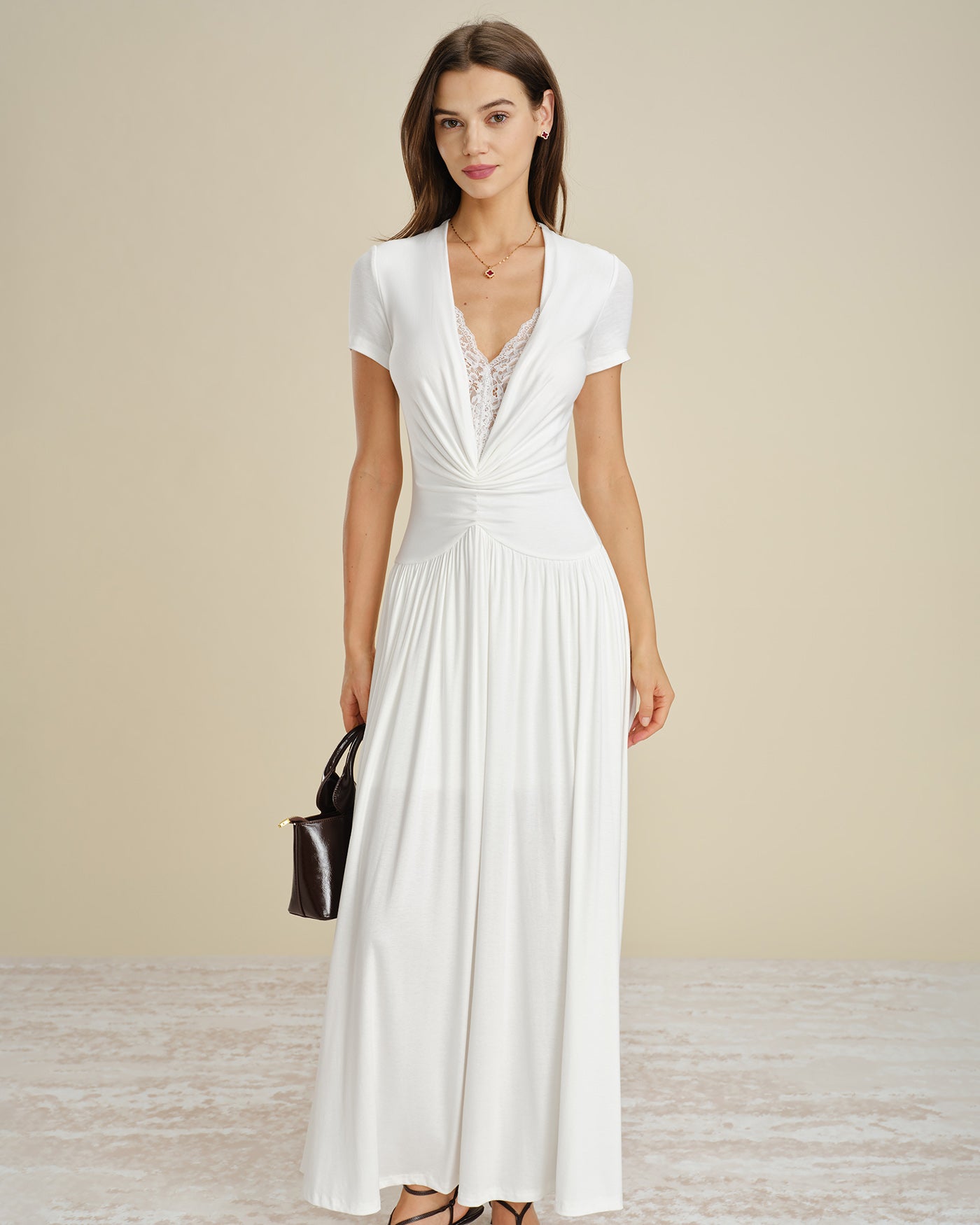 Rihoas V Neck Lace Splicing Maxi Dress for women, White / US|2
