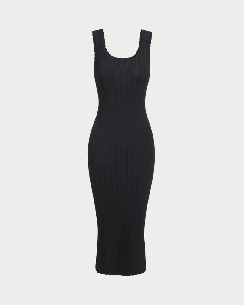 Women's Knitted Viscose Midi Dress Black Dresses - RIHOAS