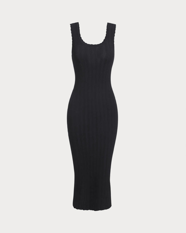 Women's Knitted Viscose Midi Dress Black Dresses - RIHOAS