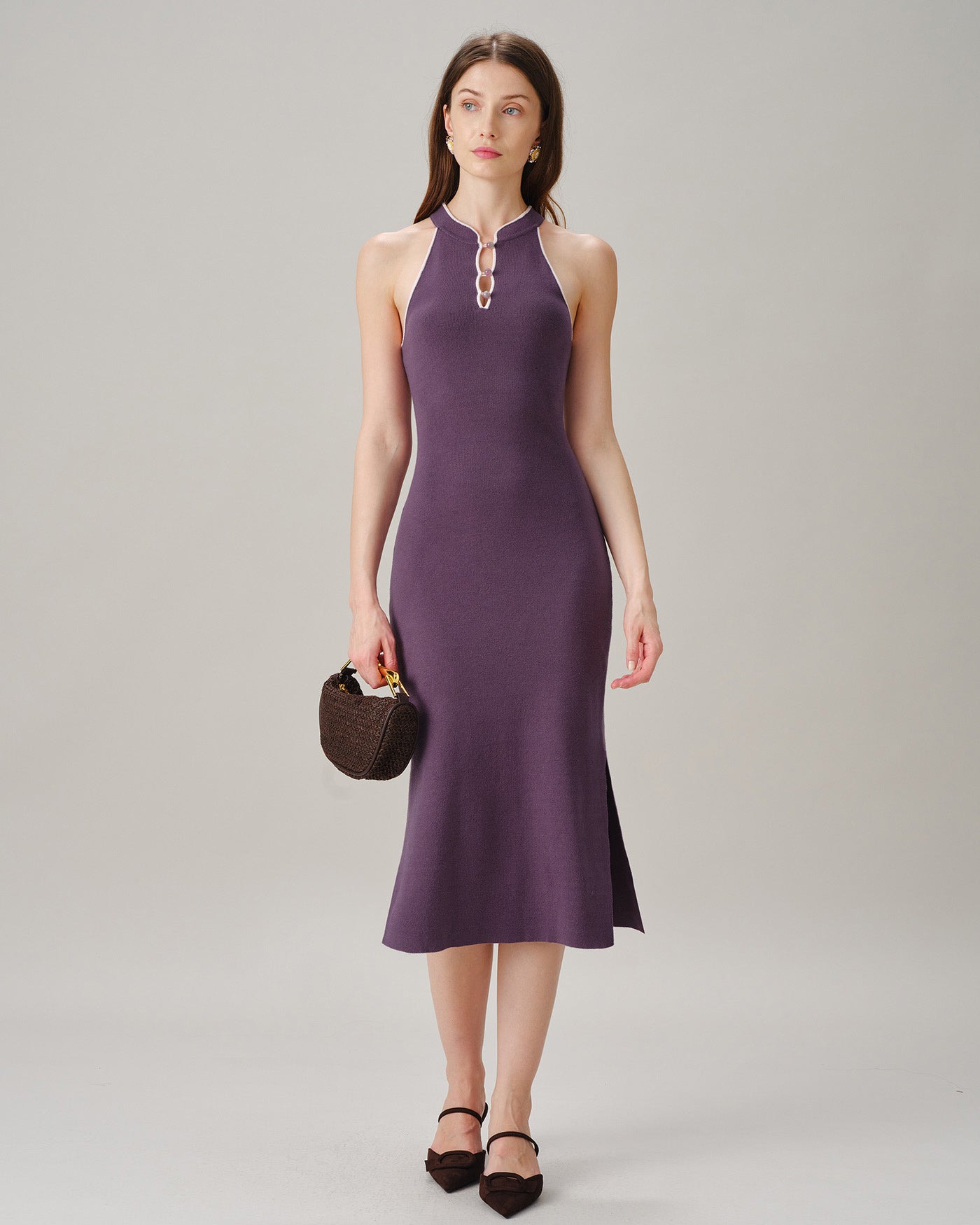 Women's Knitted Viscose Midi Dresses Purple Dresses - RIHOAS