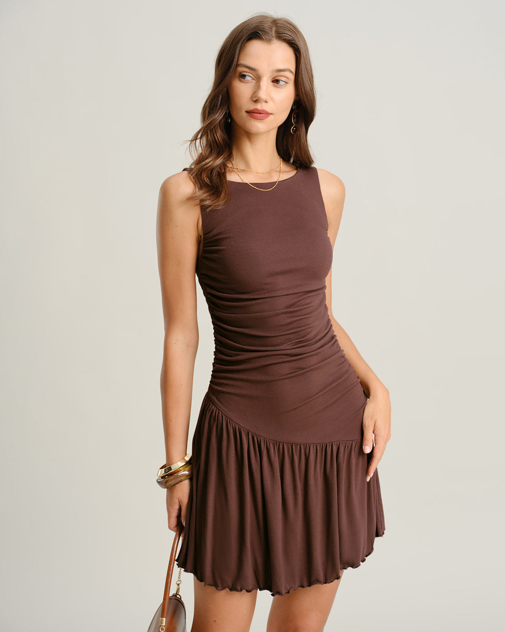 Women's Knitted Viscose Mini Dress Brown Dresses - RIHOAS