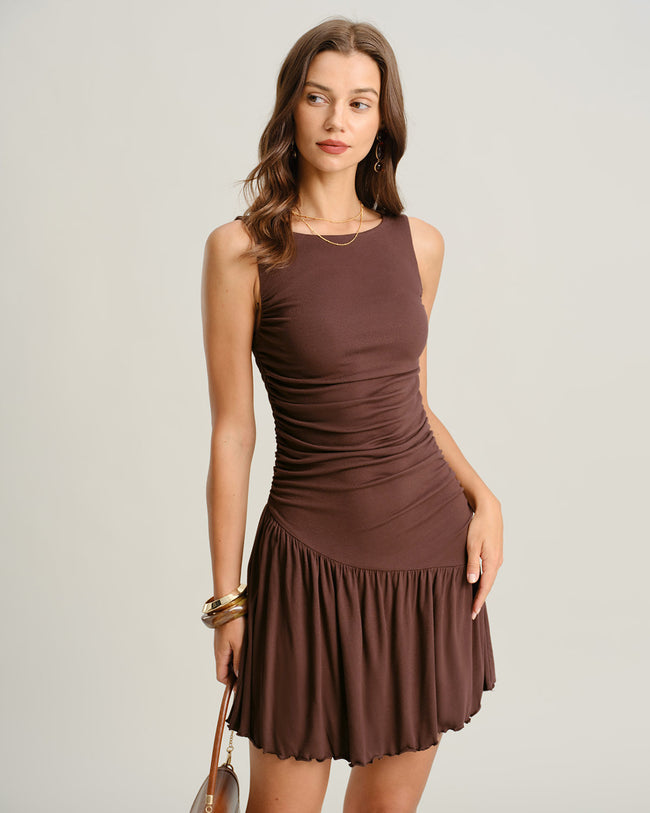 Women's Knitted Viscose Mini Dress Brown Dresses - RIHOAS
