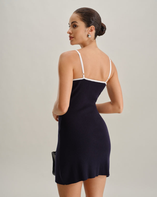 Blue Backless Sleeveless Pocket Knitted Mini Dress