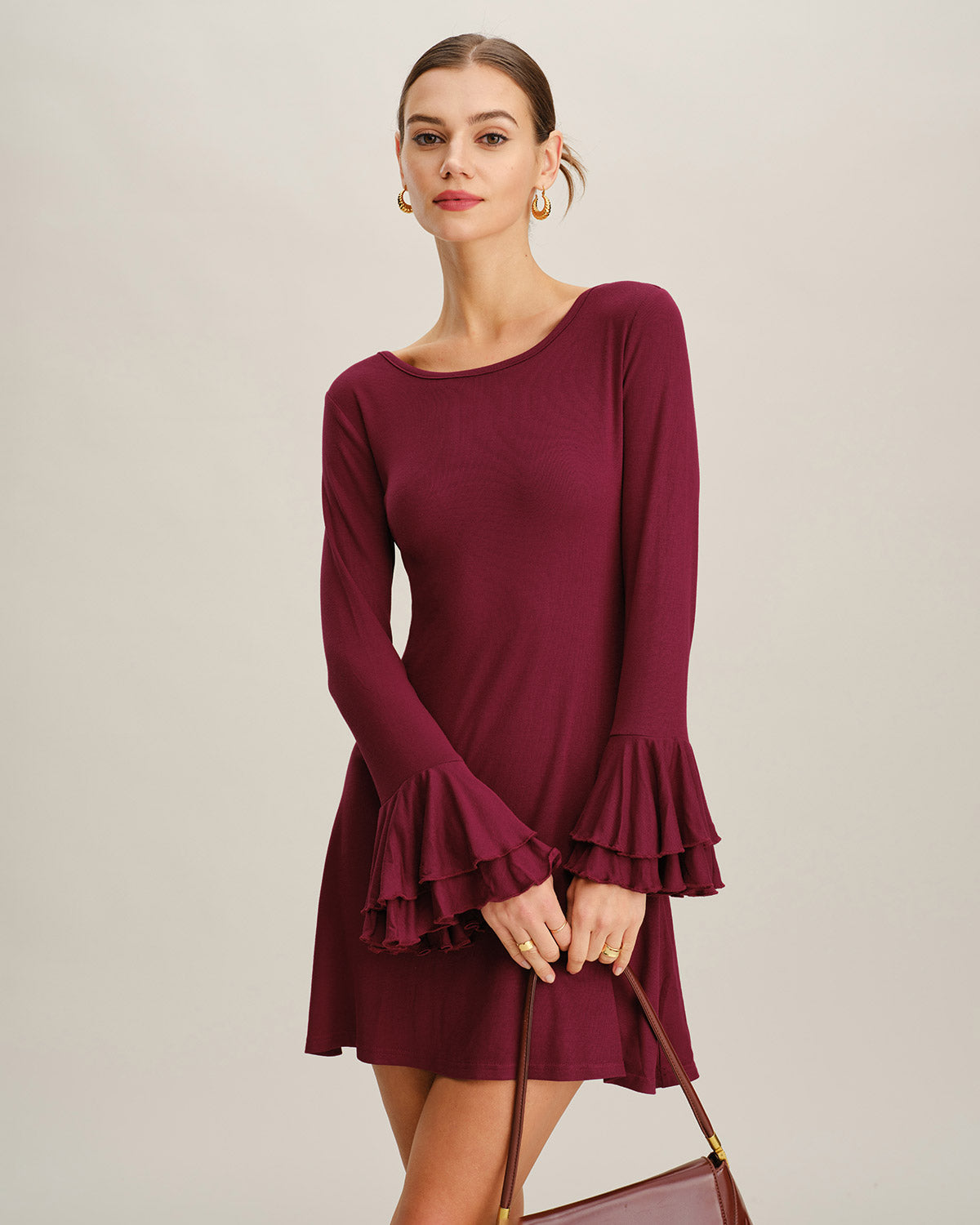 Women's Knitted Viscose Mini Dress Wine Red Dresses - RIHOAS