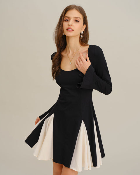 Rihoas Black and White Colorblock Mini Dress Long Bell Sleeve Godet Skirt for Cocktail Party, Date Night, Black / S
