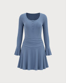 Blue U Neck Bell Sleeve Mini Dress 05