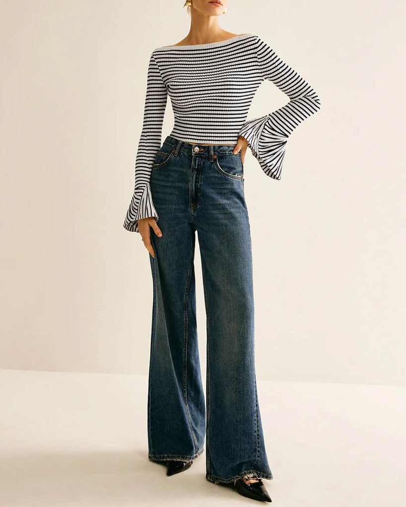 Women's Knitted Viscose Striped Top Black Stripe Tops - RIHOAS