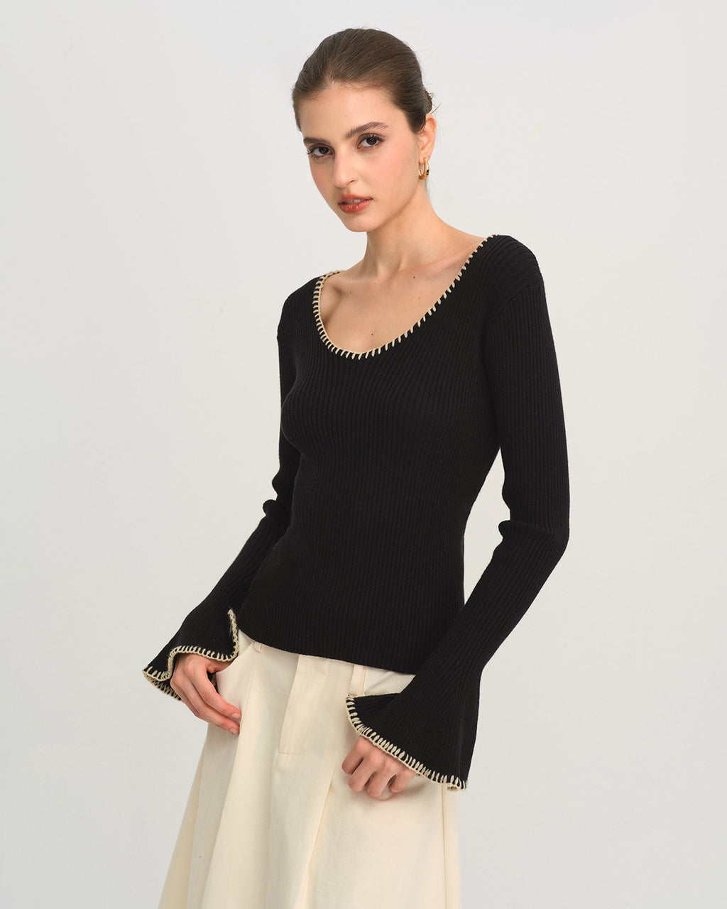 Women's Knitted Viscose Sweater Black Tops - RIHOAS