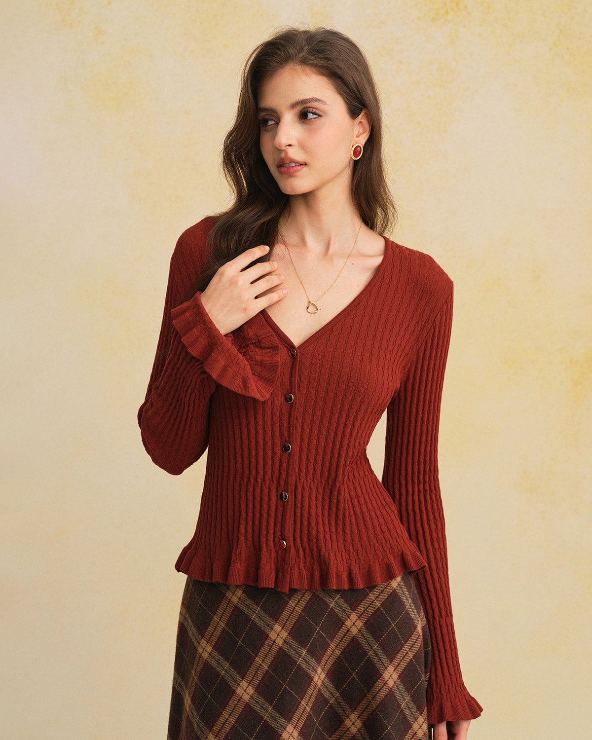 Women's Knitted Viscose Sweater Brown Tops - RIHOAS