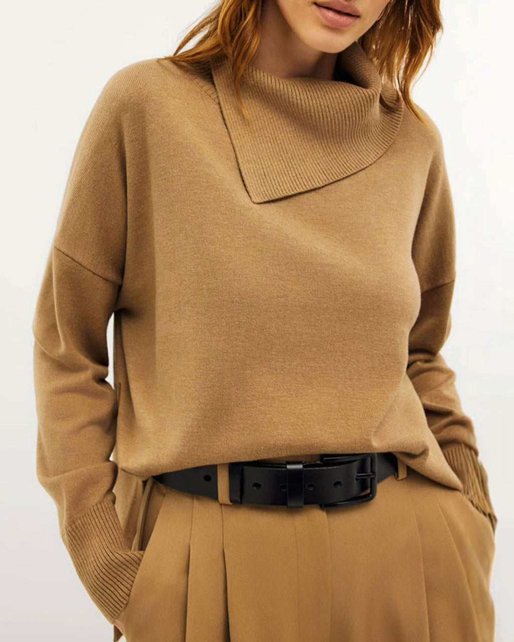 Women's Knitted Viscose Sweater Camel Tops - RIHOAS