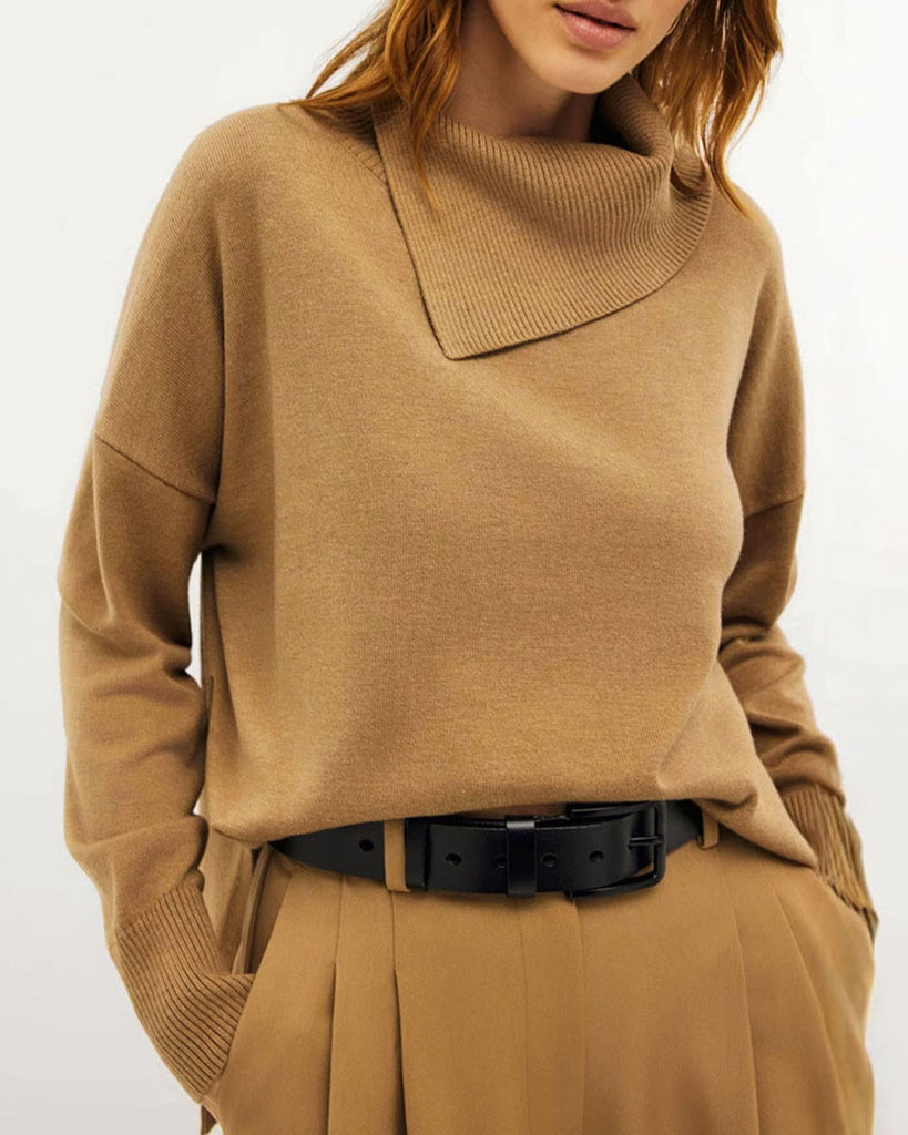 Women's Knitted Viscose Sweater Camel Tops - RIHOAS