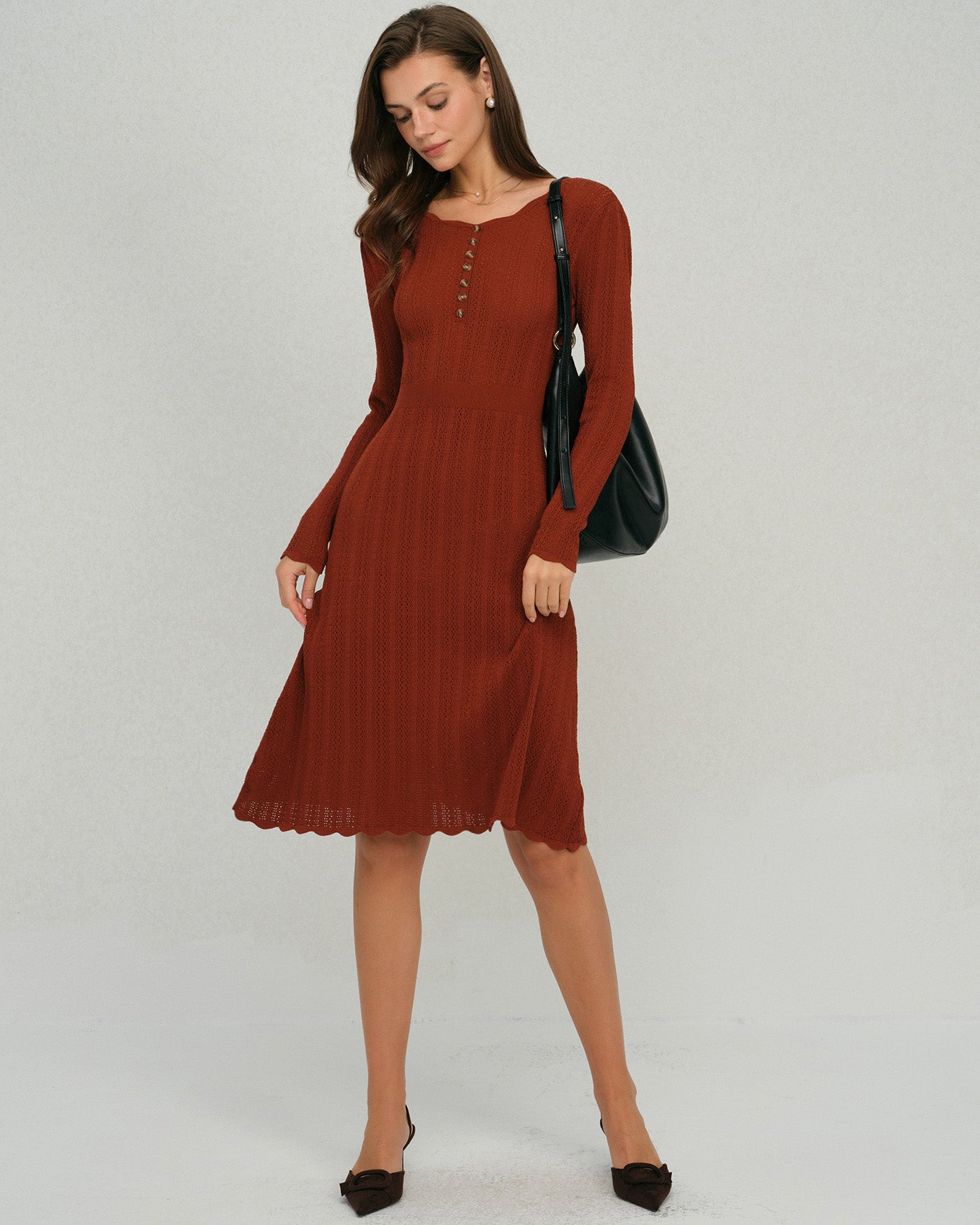 Rihoas Scalloped A-Line Sweater Dress for Women, Brown / S Rihoas Scalloped A-Line Sweater Dress for Women, Brown / S