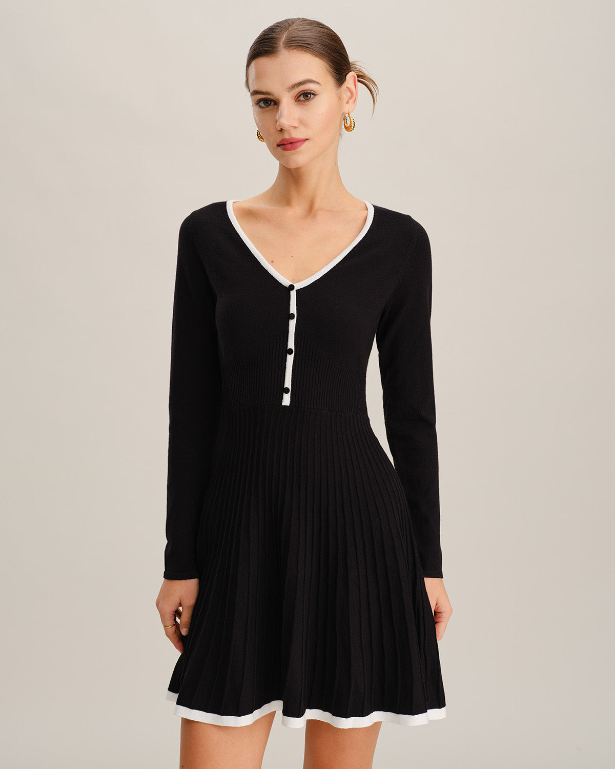 Black Contrasting V Neck Button Sweater Dress Black Contrasting V Neck Button Sweater Dress