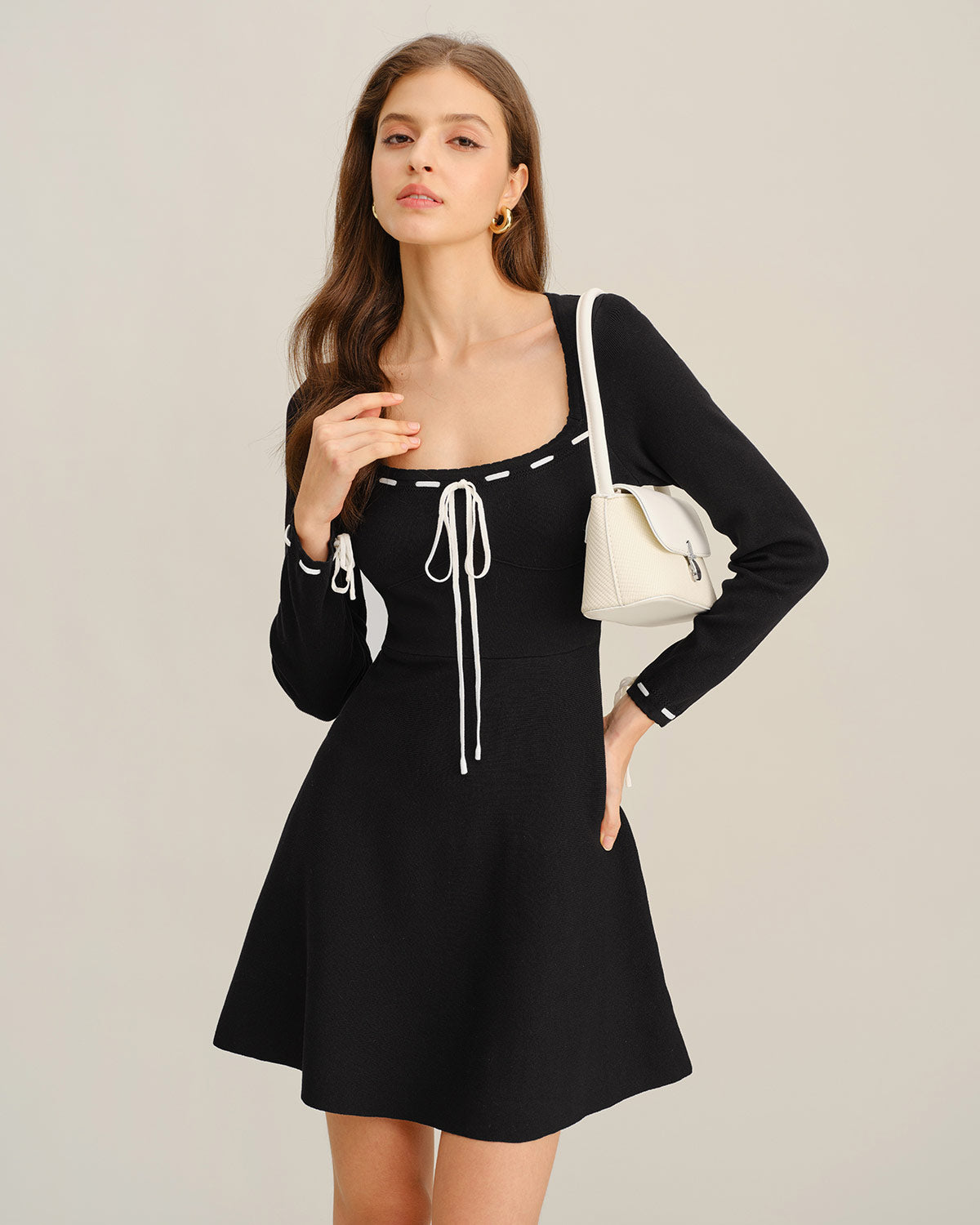 Black Contrasting A-Line Sweater Dress & Reviews - Black - Dresses