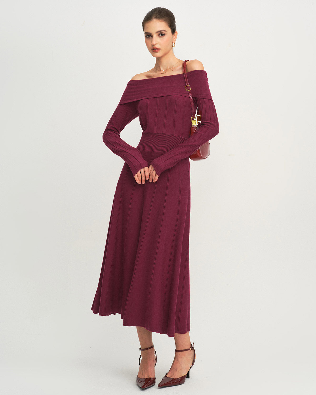 Rihoas Off The Shoulder Sweater Dress, Wine Red / S Rihoas Off The Shoulder Sweater Dress, Wine Red / S