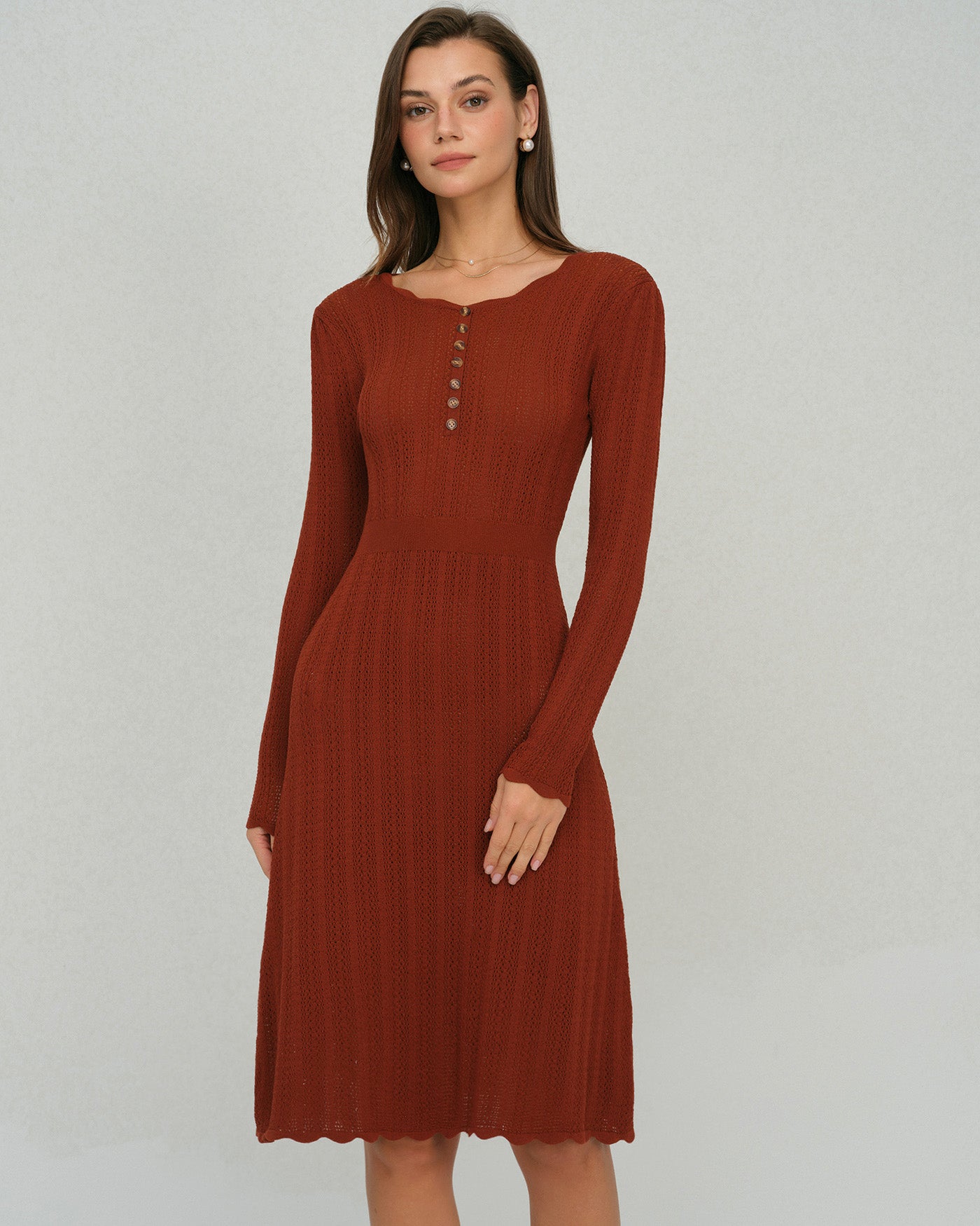 Brown Scalloped A-Line Sweater Dress & Reviews - Brown