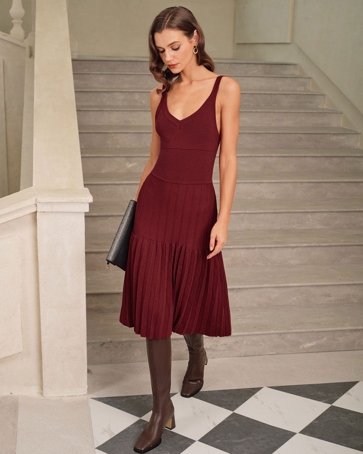 Rihoas Women's Ruched A-Line Sweater Dress, Wine Red / M Rihoas Women's Ruched A-Line Sweater Dress, Wine Red / M