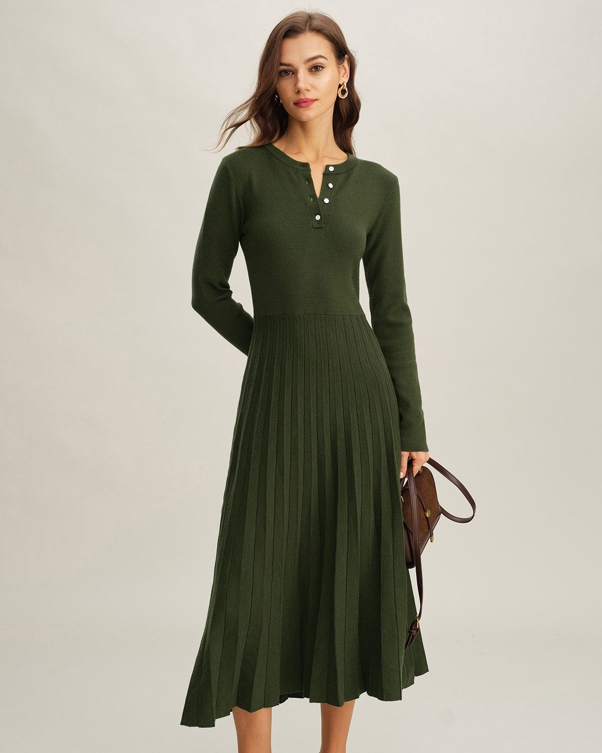 Rihoas Pleated Sweater Dress Henley Button Neck Long Sleeve, Green / M Rihoas Pleated Sweater Dress Henley Button Neck Long Sleeve, Green / M