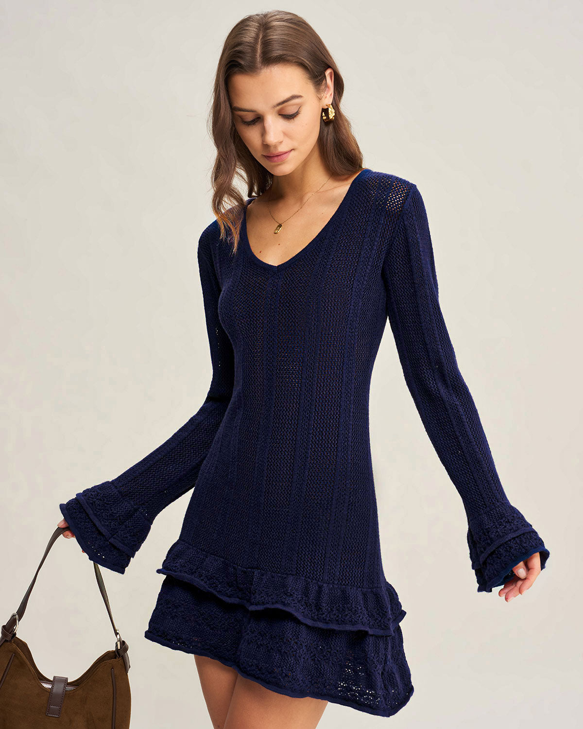 Women's Knitted Viscose Sweater Dress Navy Dresses - RIHOAS