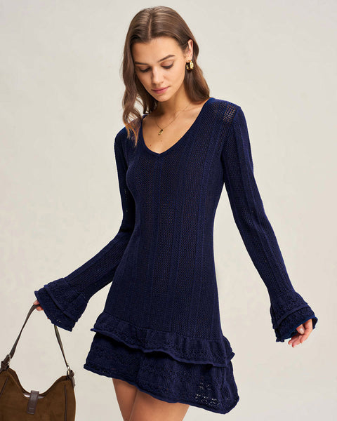 Navy A-Line V Neck Sweater Dress & Reviews - Navy - Dresses