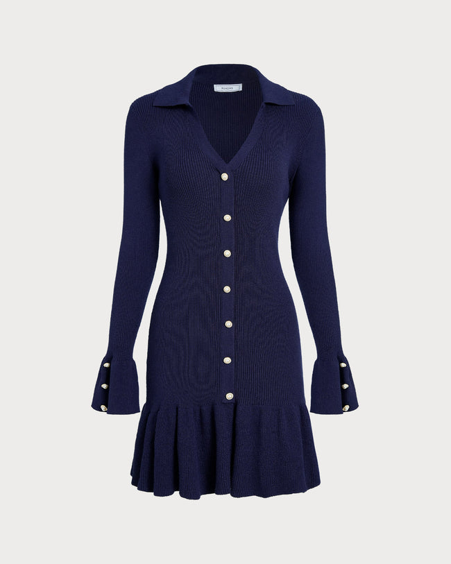 Women's Knitted Viscose Sweater Dress Navy Dresses - RIHOAS