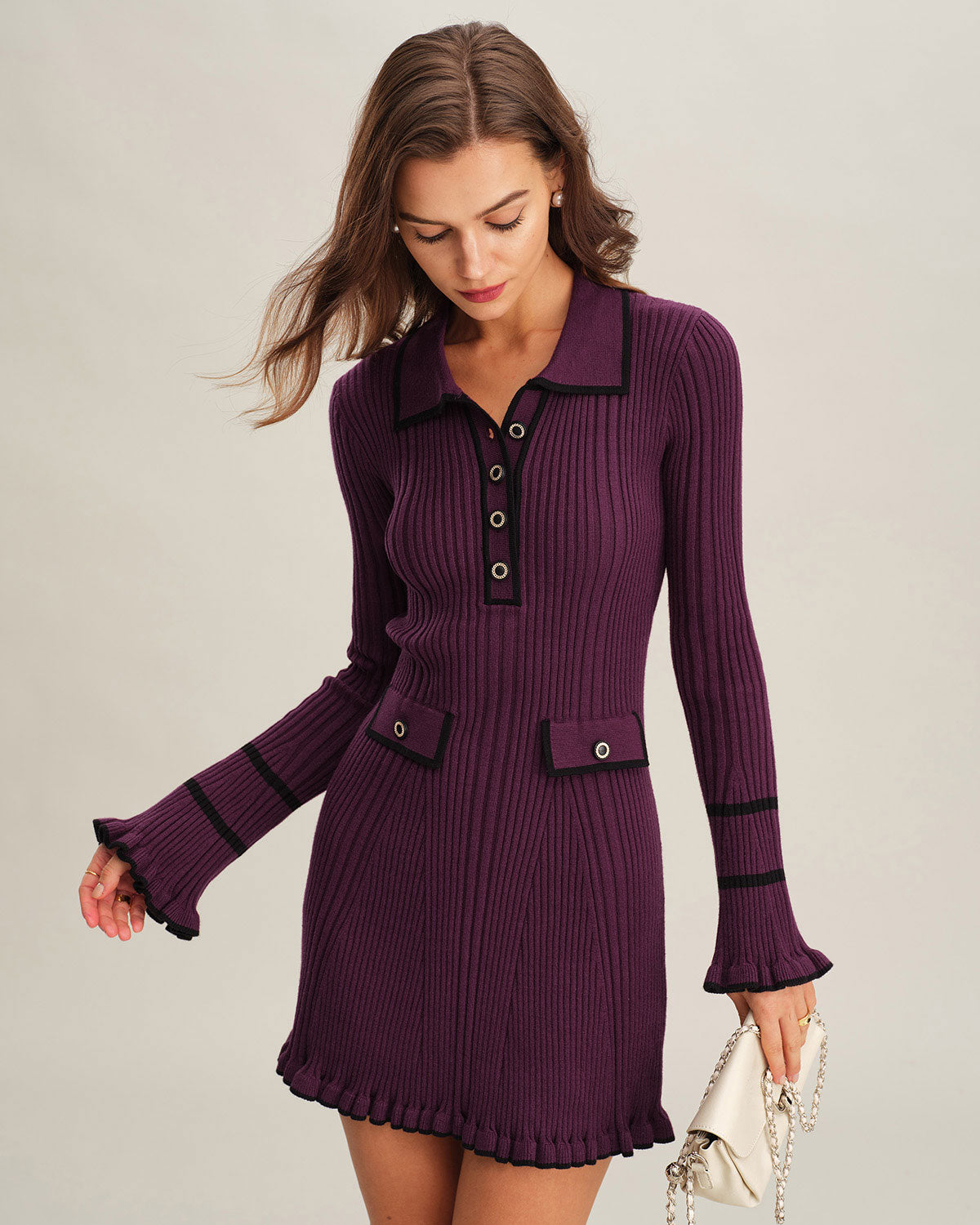 Women's Knitted Viscose Sweater Dress Purple Dresses - RIHOAS