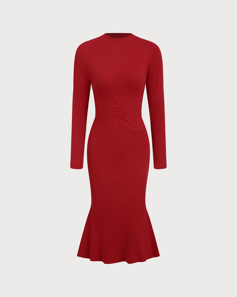 Women's Knitted Viscose Sweater Dress Red Dresses - RIHOAS
