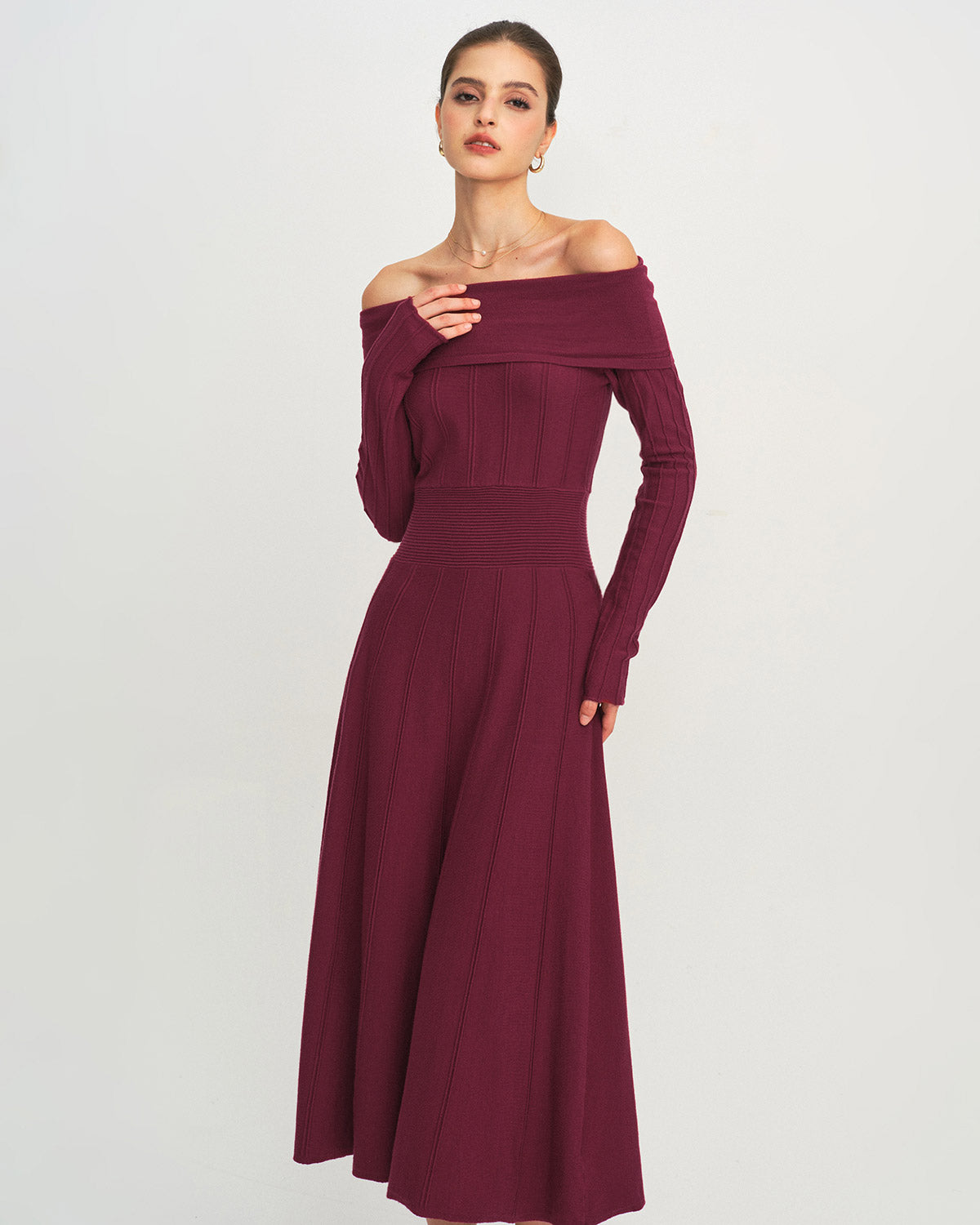 Wine Red Off The Shoulder Sweater Dress - Main Image