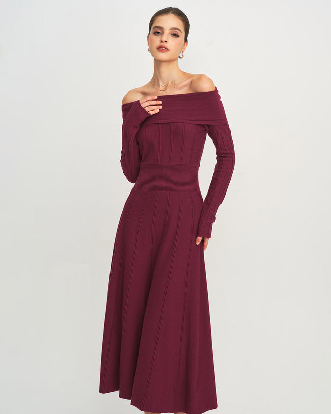 Women's Knitted Viscose Sweater Dress Wine Red Dresses - RIHOAS