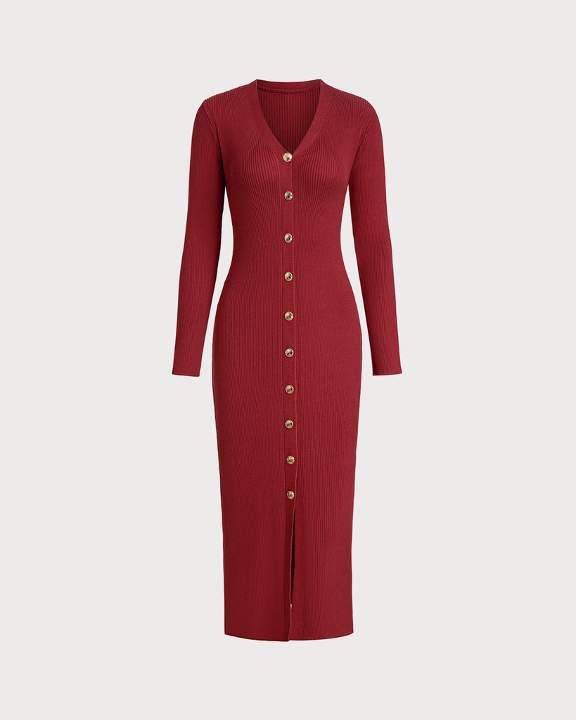 Women's Knitted Viscose Sweater Dress Wine Red Dresses - RIHOAS