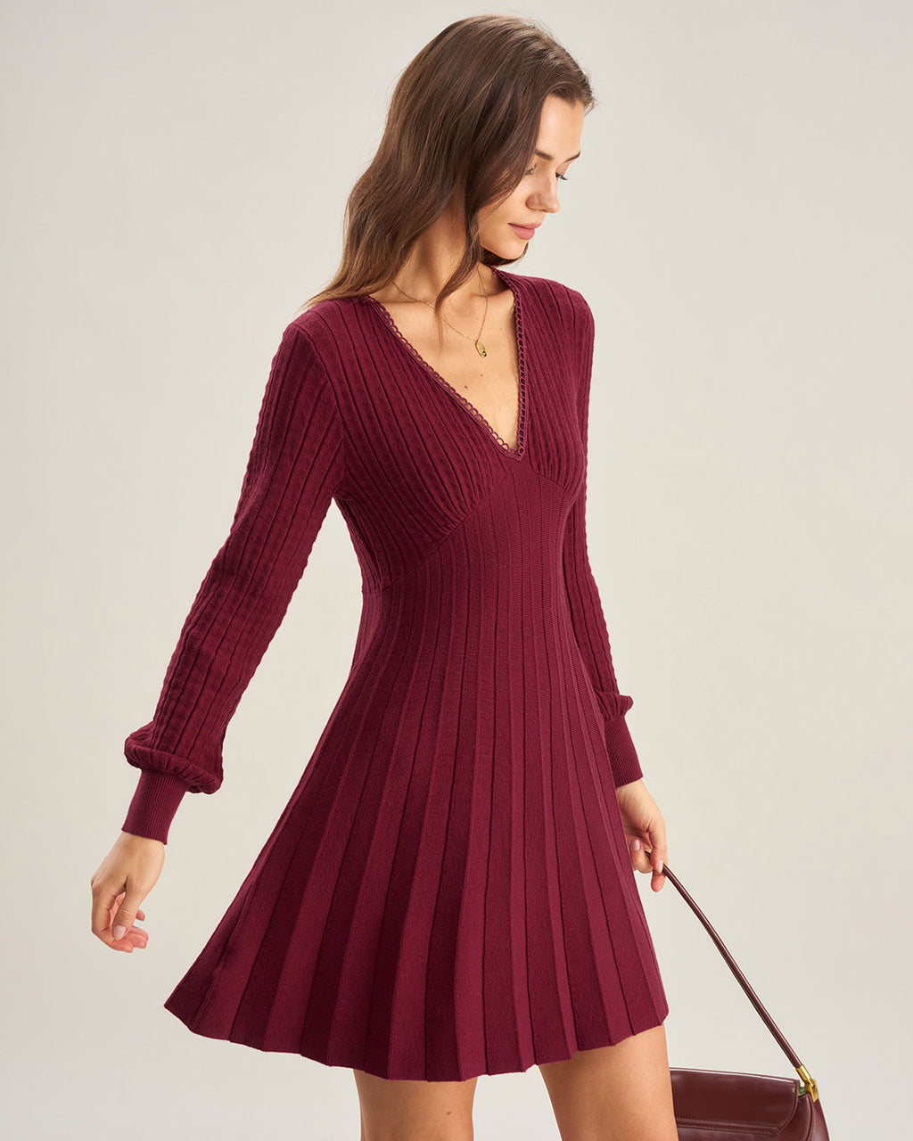 Women's Knitted Viscose Sweater Dress Wine Red Dresses - RIHOAS