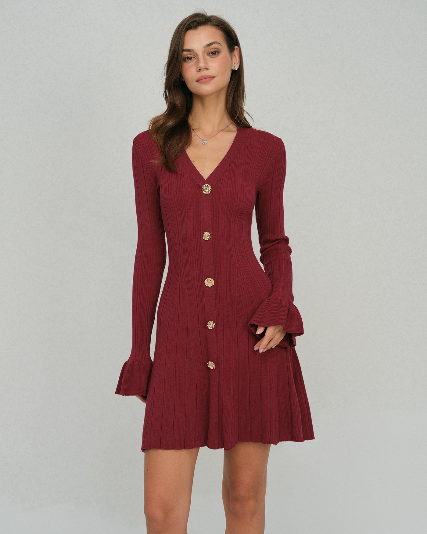 Wine Red Bell Sleeve V Neck Sweater Dress & Reviews - Wine Red - Dresses
